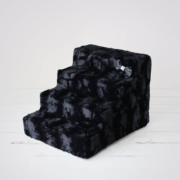 Luxury Pet Stairs - 4 Step - Black Diamond With Crystal Satin Bow - Easy Wash Removable Cover - Sturdy high Density Foam
