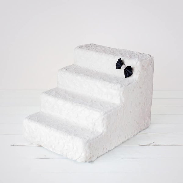 Luxury Pet Stairs - 4 Step - Classic Ivory With Crystal Satin Bow - Easy Wash Removable Cover - Sturdy high Density Foam