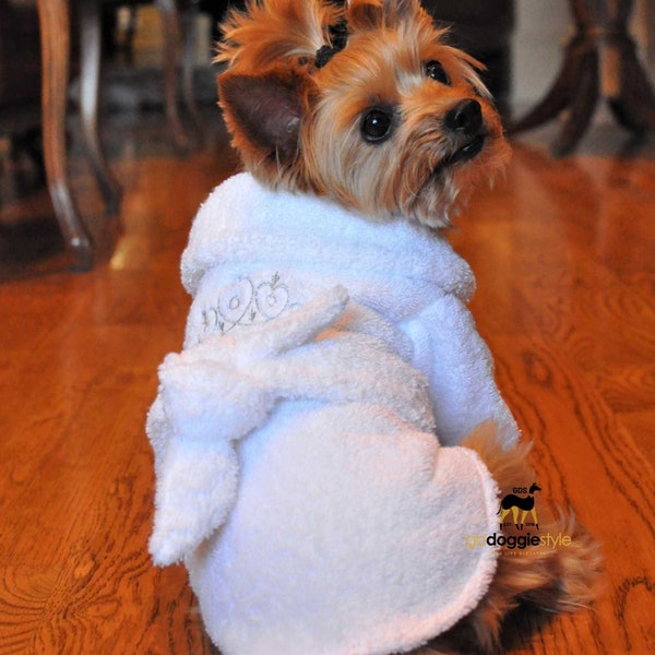 100% Combed Cotton Turkish Terrycloth Unisex Dog Bathrobe - White With Silver Tiara & Free Embroidery - Soft Warm Super Absorbent - XS to XL