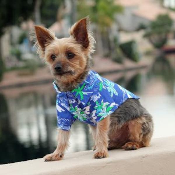 Hawaiian Camp Shirt - Ocean Blue and Palms - 100% Cotton Dog Shirt - Easy Walking Leash Hole - Easy Wash - Dog Apparel - Size XXS to 2XL