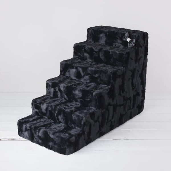 Luxury Pet Stairs - 6 Step - Black Diamond With Crystal Satin Bow - Easy Wash Removable Cover - Sturdy high Density Foam