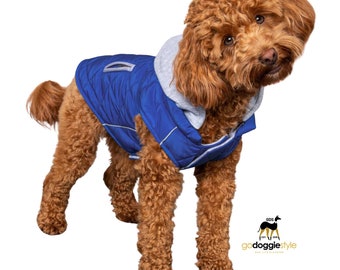 Weekender Dog Quilted Puffer Sweatshirt Hoodie Jacket Vest - Royal Blue - Reflective Hoodie - Zip Up Coat with Pockets - Soft Warm Jersey