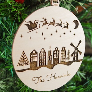 Personalized Dutch Village Ornament, Windmill and Dutch Fronts, Engraved Ornament