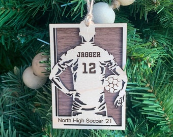 Personalized Mens Soccer Ornament, Engraved Wooden Sports Ornament with Name and Number, Sports Jersey