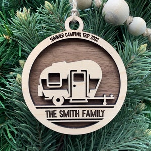 Personalized Wooden Retro Camper Ornament, Camping Trip Ornament, Vacation Ornament