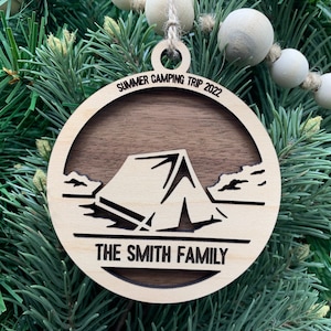 Personalized Wooden Tent Camping Ornament, Camping Trip Ornament, Vacation Ornament