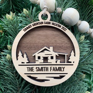 Personalized Wooden Cabin Ornament, Camping Trip Ornament, Vacation Ornament