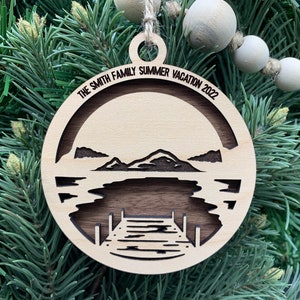 Personalized Wooden Mountain Lake Ornament, Dock Ornament, Vacation Ornament