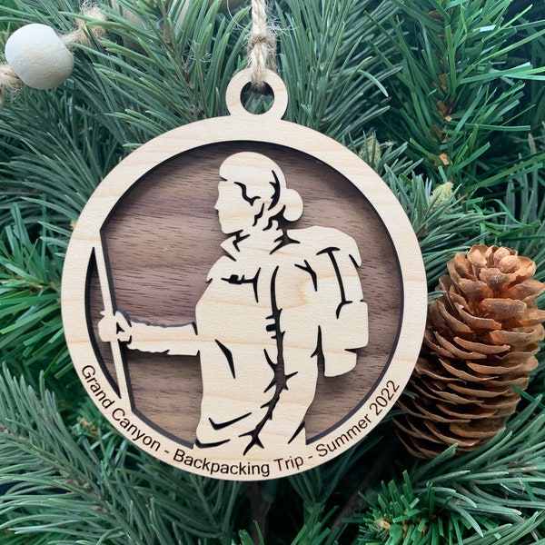 Personalized Women's Hiking Ornament, Engraved Wooden Sports Ornament with custom text, Backpacking