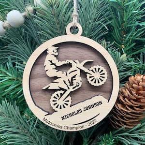 Personalized Motocross Ornament, Engraved Wooden Sports Ornament with custom text, Dirt Bike image 1