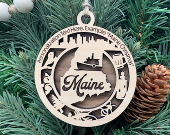 Maine Ornament with personalization, Choose Any State, Customizable Christmas Ornament, Personalized Wood Engraved Gifts