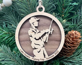 Personalized Men's Fishing Ornament, Engraved Wooden Sports Ornament with custom text, Angler