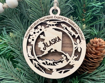 Alaska Ornament with personalization, Choose Any State, Customizable Christmas Ornament, Personalized Wood Engraved Gifts