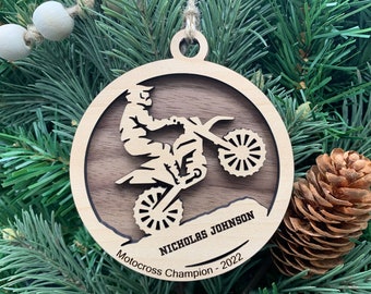 Personalized Motocross Ornament, Engraved Wooden Sports Ornament with custom text, Dirt Bike