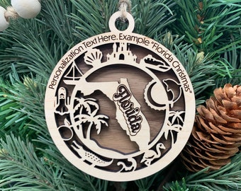 Florida Ornament with personalization, Choose Any State, Customizable Christmas Ornament, Personalized Wood Engraved Gifts