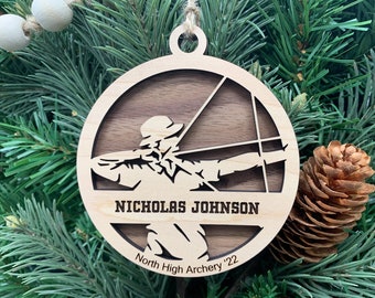 Personalized Male Archery Ornament, Engraved Wooden Sports Ornament with Name and custom text, Bow and Arrow
