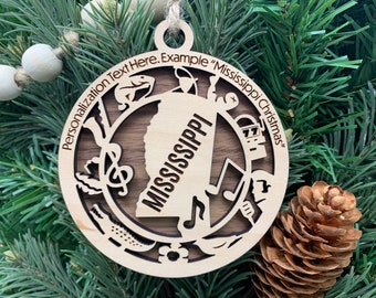 Mississippi Ornament with personalization, Choose Any State, Customizable Christmas Ornament, Personalized Wood Engraved Gifts