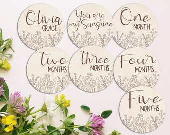 Baby Monthly Milestone Markers with Personalization, Floral Engraved Wood Monthly Markers, Shower Gift, Newborn and Birth Announcement