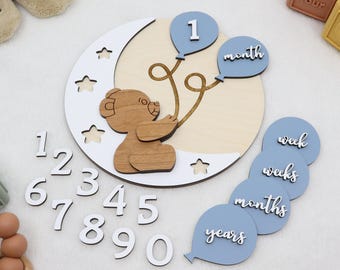 Wooden Interchangeable Teddy Bear Milestone Markers for Baby Photos | Engraved Wood Monthly Milestone Markers | Personalized Baby Sign