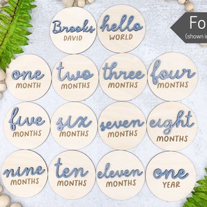 Wooden 3D Monthly Milestone Discs for Baby Photos Engraved Wood Monthly Milestone Markers Personalized Baby Sign Font 3