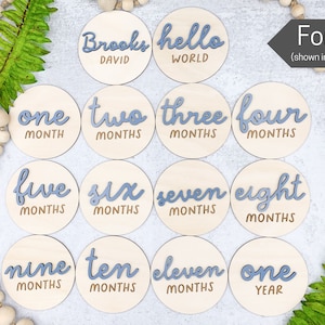 3D Monthly Milestone Discs for Baby Photos | Engraved Wood Monthly Milestone Markers | Personalized Baby Sign image 4