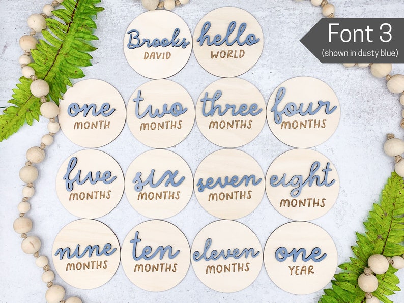 3D Monthly Milestone Discs for Baby Photos | Engraved Wood Monthly Milestone Markers | Personalized Baby Sign image 4