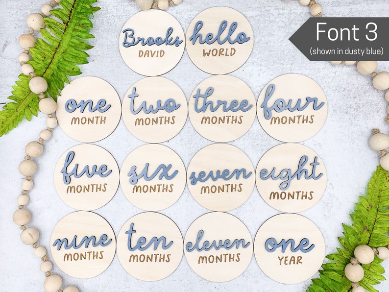 Wooden 3D Monthly Milestone Discs for Baby Photos Engraved Wood Monthly Milestone Markers Personalized Baby Sign Font 3