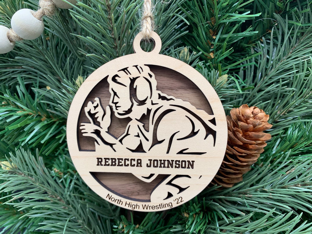 Personalized Women's Wrestling Ornament, Engraved Wooden Sports