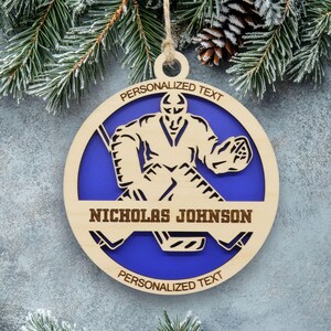 Personalized Hockey Goalie Ornament, Engraved Wooden Sports Ornament with Name and custom text, Sports Jersey
