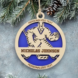 Personalized Hockey Goalie Ornament, Engraved Wooden Sports Ornament with Name and custom text, Sports Jersey