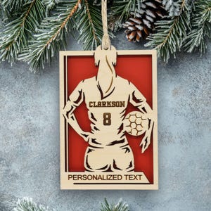 Personalized Womens Soccer Ornament, Engraved Wooden Sports Ornament with Name and Number, Sports Jersey