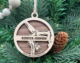 Personalized Women's Gymnastics Ornament, Engraved Wooden Sports Ornament with Name and custom text, Sports Jersey