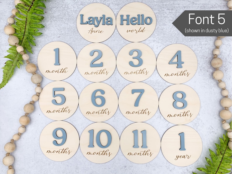 Wooden 3D Monthly Milestone Discs for Baby Photos Engraved Wood Monthly Milestone Markers Personalized Baby Sign Font 5