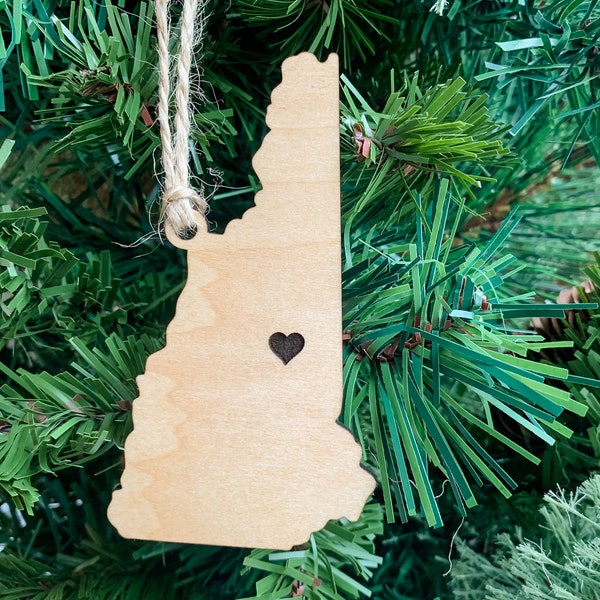 New Hampshire Ornament with Heart Marker, Customizable Christmas Ornament, Personalized Wood Engraved Gifts, New Hampshire Souvenir