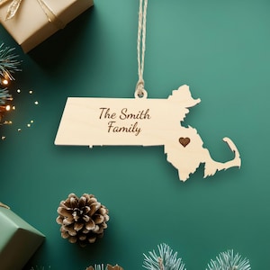 Massachusetts Ornament with Heart Marker, Choose Any State, Customizable Christmas Ornament, State Souvenir, Housewarming Gift