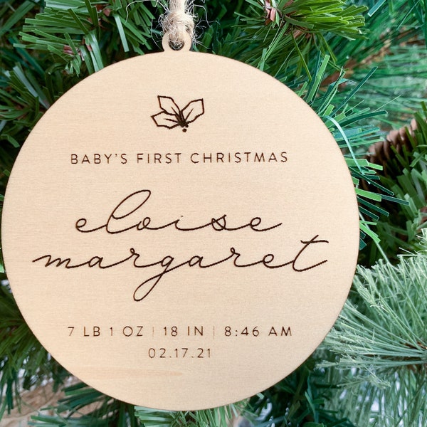 Personalized Baby's First Christmas Ornament, Baby Name, Birth Stats, Wooden Ornament, Newborn Announcement, Minimalist, Boy, Girl, Keepsake