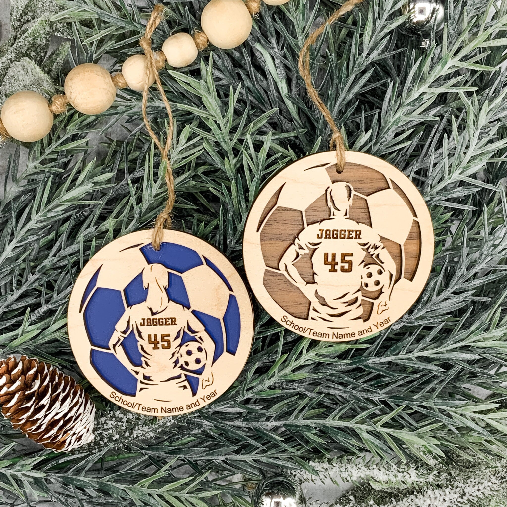 Personalized Soccer Ornament, Engraved Wooden Sports Ornament with Name and Number, Sports Jersey