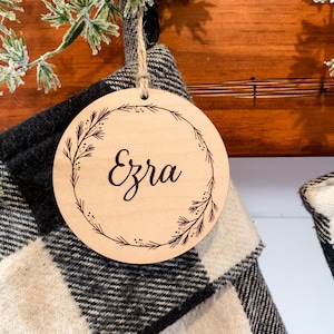 Stocking Round Name Tags, Walnut or Maple, Personalized Wood Engraved Tags, Christmas Stocking and Gift Tags