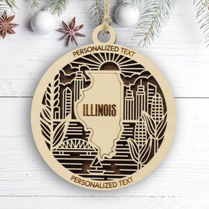US Bundesstaat Illinois Ornament - Personalisiertes Weihnachtsandenken aus Holz - Lasergeschnittenes State Erbdekor