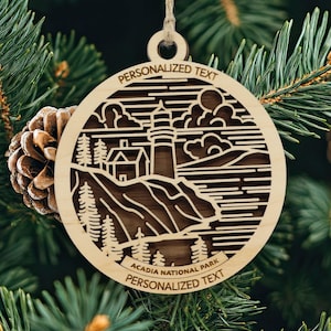 Acadia National Park Ornament – Personalized Lighthouse Christmas Gift – Laser Cut Wood Keepsake – Maine Coastal Souvenir