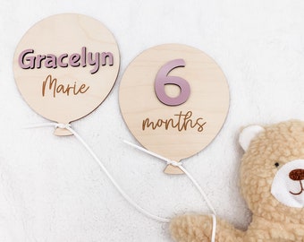 Custom Interchangeable Balloon Milestone Set  |  Wooden Baby Milestone Cards  |  Personalized Monthly Milestone Markers