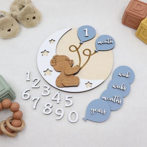 Marqueurs d'étape en bois interchangeables ours en peluche pour photos de bébé | Marqueurs d'étapes mensuelles en bois gravés | Panneau bébé personnalisé