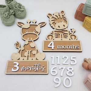 Marqueurs d'étapes interchangeables en bois girafe pour photos de bébé | Marqueurs d'étapes mensuelles en bois gravés | Panneau bébé personnalisé