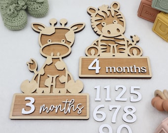 May include: Wooden baby milestone markers featuring a giraffe and zebra, each with a sign indicating "3 months" and "4 months". Includes individual number cutouts and a pair of green crochet baby booties.