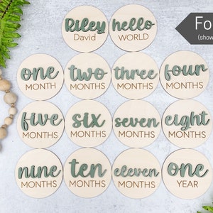 Wooden 3D Monthly Milestone Discs for Baby Photos Engraved Wood Monthly Milestone Markers Personalized Baby Sign Font 4