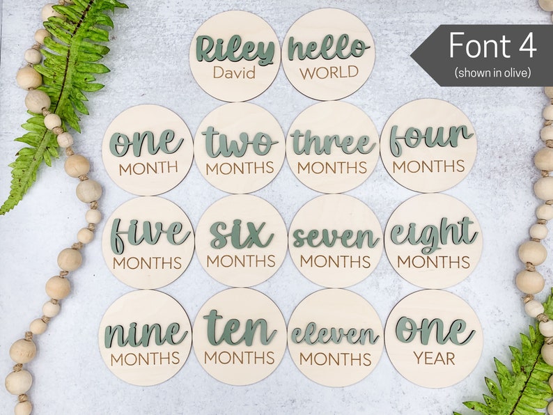 Wooden 3D Monthly Milestone Discs for Baby Photos Engraved Wood Monthly Milestone Markers Personalized Baby Sign Font 4