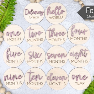 3D Monthly Milestone Discs for Baby Photos | Engraved Wood Monthly Milestone Markers | Personalized Baby Sign image 3