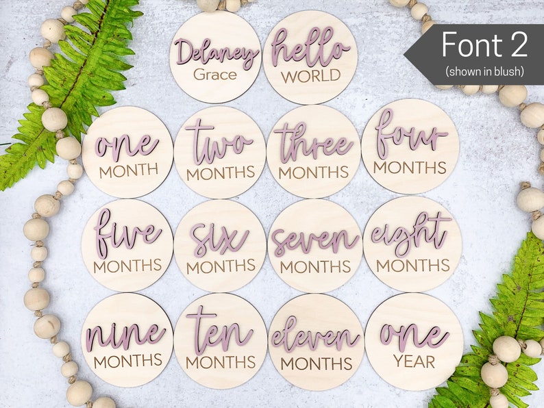 Wooden 3D Monthly Milestone Discs for Baby Photos Engraved Wood Monthly Milestone Markers Personalized Baby Sign Font 2
