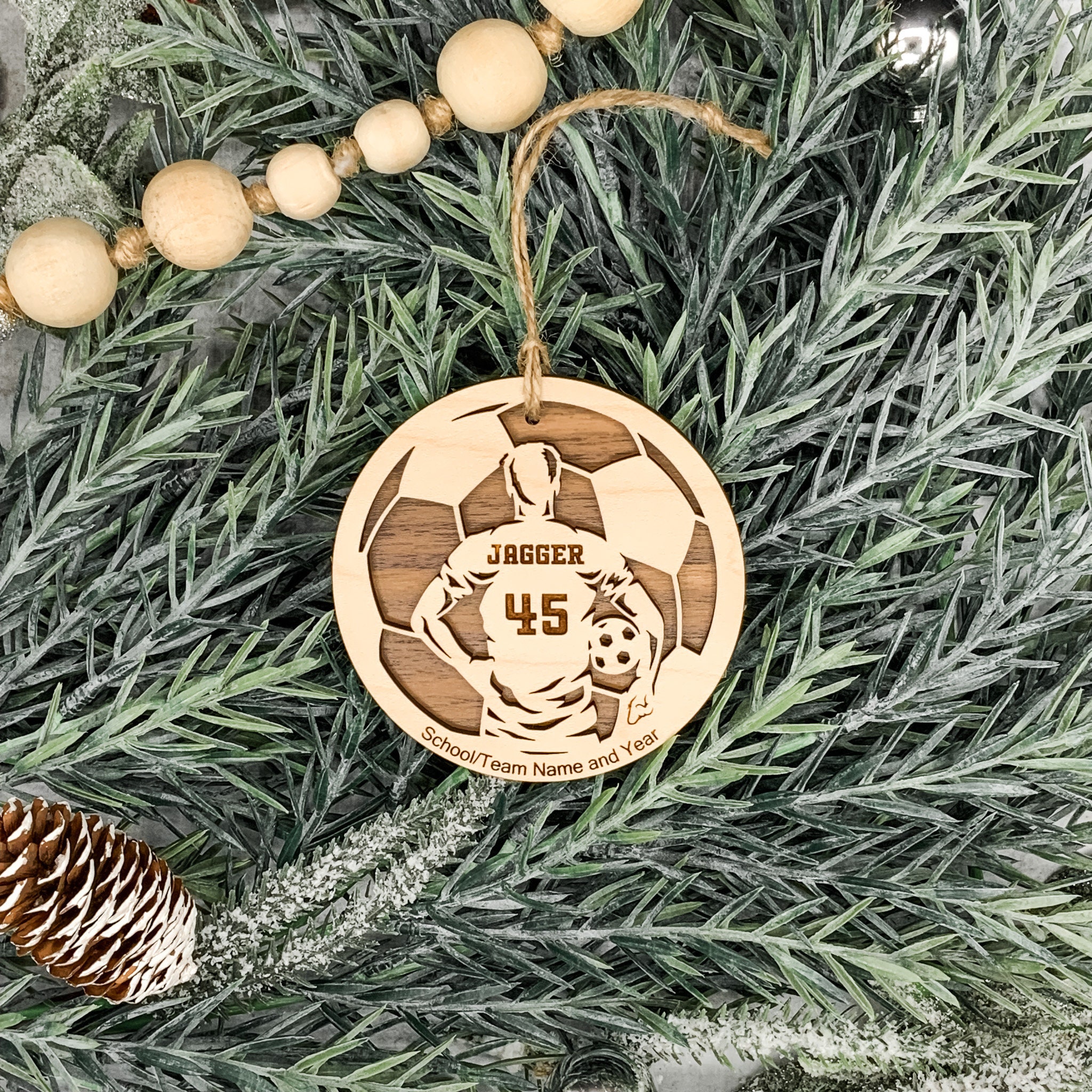 Personalized Soccer Ornament, Engraved Wooden Sports Ornament with Name and Number, Sports Jersey