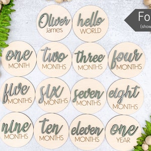 Wooden 3D Monthly Milestone Discs for Baby Photos Engraved Wood Monthly Milestone Markers Personalized Baby Sign Font 1